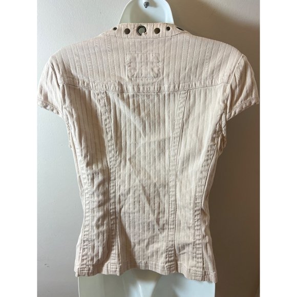 Live A Little Chic: Cream & Brown Geometric Embellished Denim Top - Womens Small - Picture 6 of 7